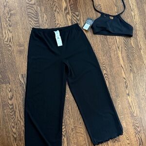 Black Two-Piece Set - Bikini Top & Wide Leg Sheer Pants (no swim bottom)